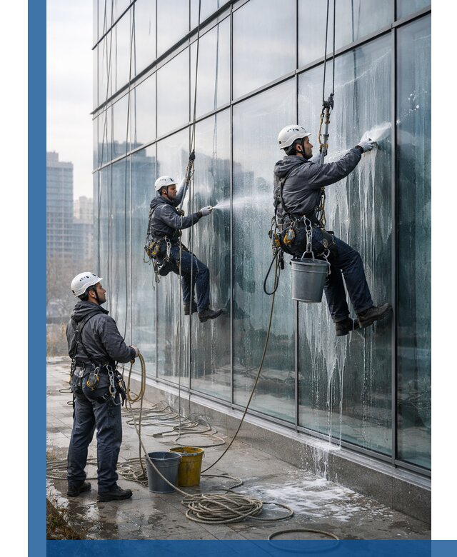 Промышленная мойка панорамных окон на высоте в Черкесске