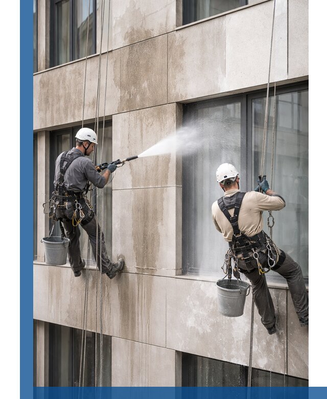 Послестроительная мойка фасада промышленным альпинизмом в Черкесске