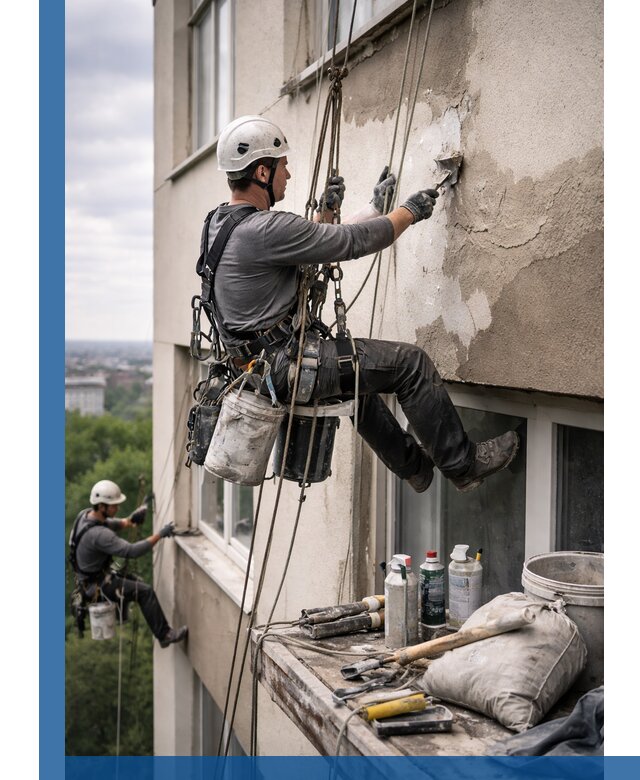 Косметический ремонт фасада зданий в Черкесске промышленными альпинистами