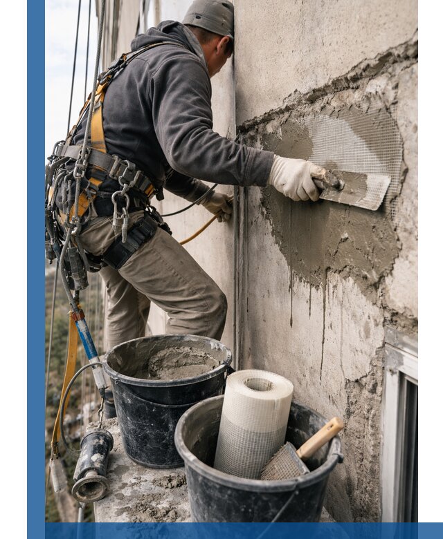 Ремонт бетонных элементов фасада промышленными альпинистами в Черкесске