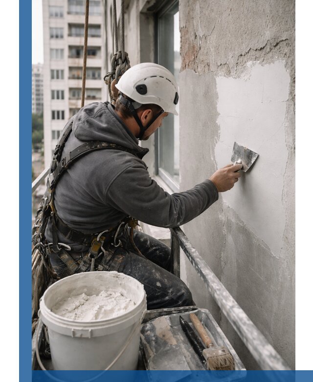 Шпаклевка фасадов на высоте с промальпинистами в Черкесске