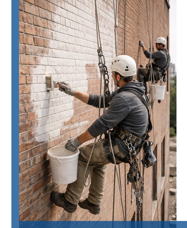 Покраска кирпичного фасада с доступным альпинистским сервисом в Черкесске