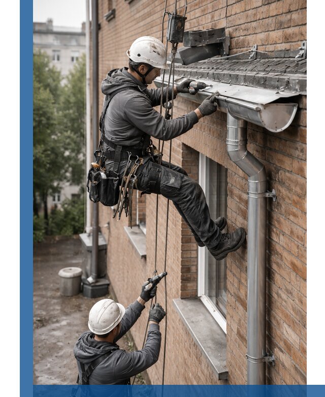 Монтаж водосточной системы на здании в Черкесске под ключ