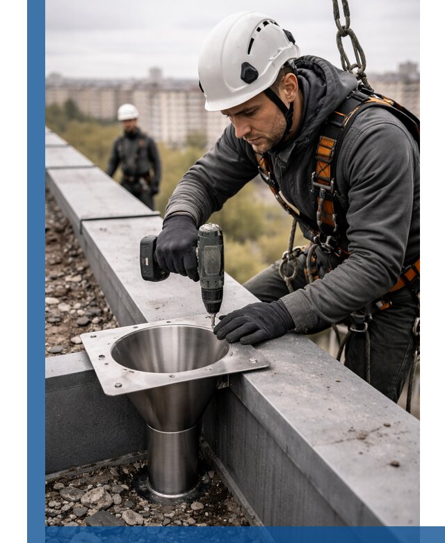 Монтаж водосточных воронок в Черкесске для промышленных зданий