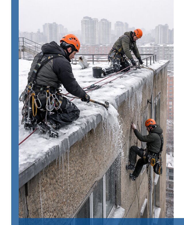 Удаление наледи с кровли в Черкесске промышленными альпинистами