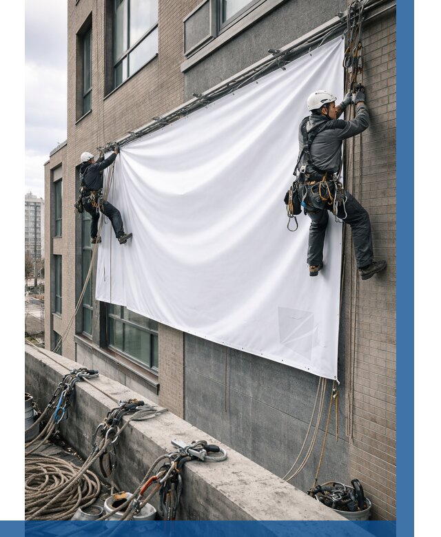 Монтаж баннеров на фасаде в Черкесске от 663 р. заказать ВЫСОТНИК-Чрк