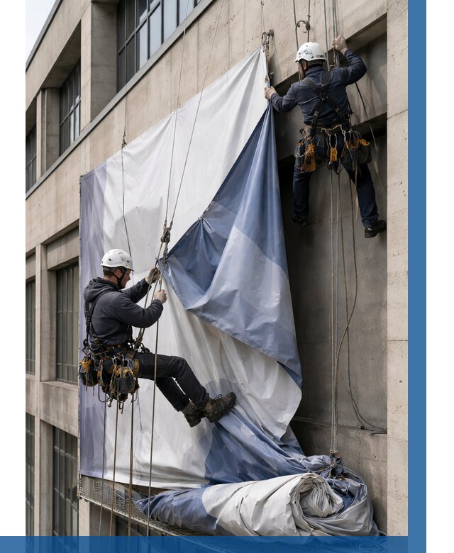 Демонтаж баннеров с фасада в Черкесске от 4588 р. | ВЫСОТНИК-Чрк