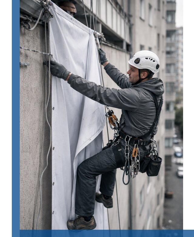 Замена баннерного полотна промышленными альпинистами в Черкесске