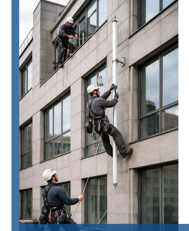 Монтаж флагштока на фасаде здания с креплением и герметикой в Черкесске