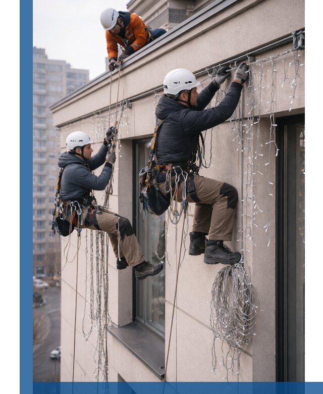 Монтаж праздничных гирлянд на фасаде в Черкесске для зданий