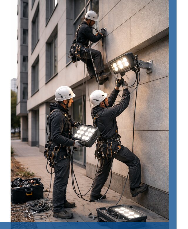 Монтаж прожекторов на фасаде в Черкесске от 7647 р. | ВЫСОТНИК-Чрк