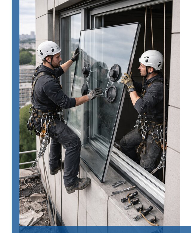 Замена стеклопакетов на высоте с промышленными альпинистами в Черкесске