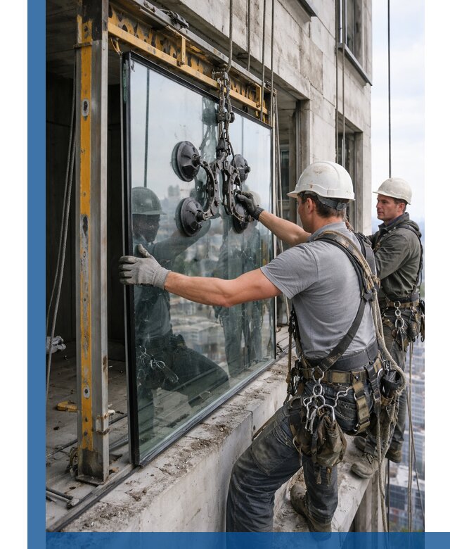 Монтаж стеклопакетов на высоте в Черкесске с промышленным альпинизмом