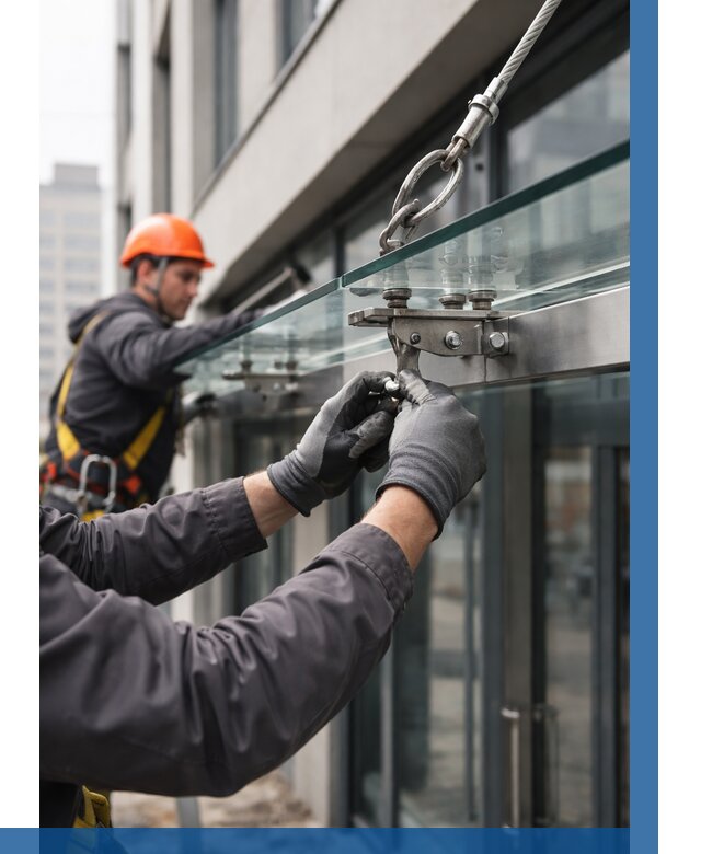 Монтаж стеклянных козырьков в Черкесске от 8667 р. | ВЫСОТНИК-Чрк