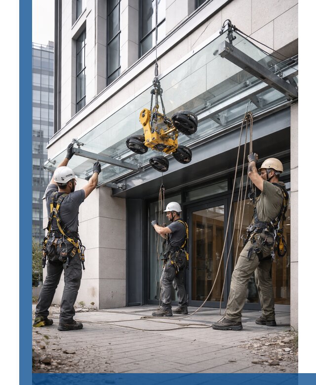 Монтаж стеклянных козырьков под ключ в Черкесске для зданий