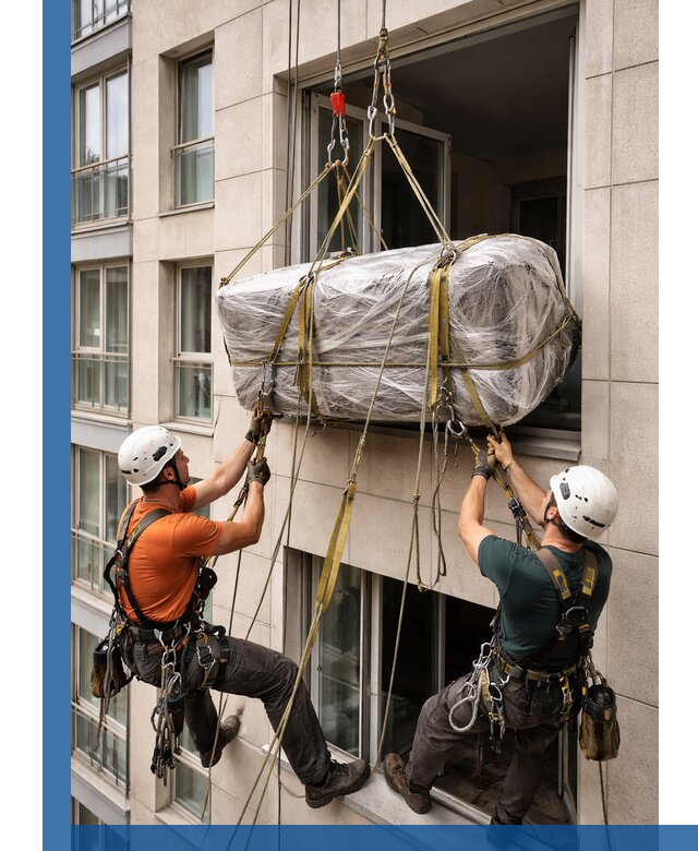 Подъем грузов через окно в Черкесске промышленными альпинистами