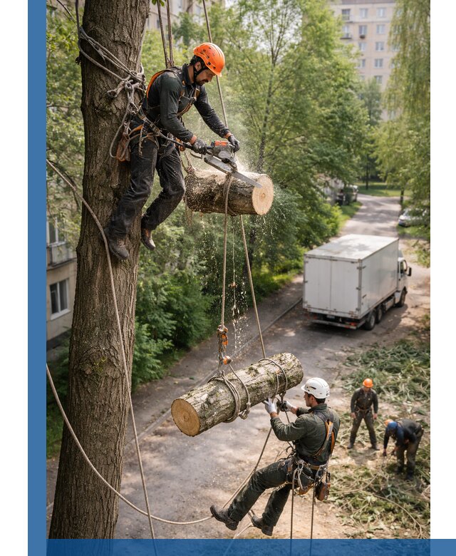 Спил деревьев альпинистами в Черкесске, безопасно и без повреждений