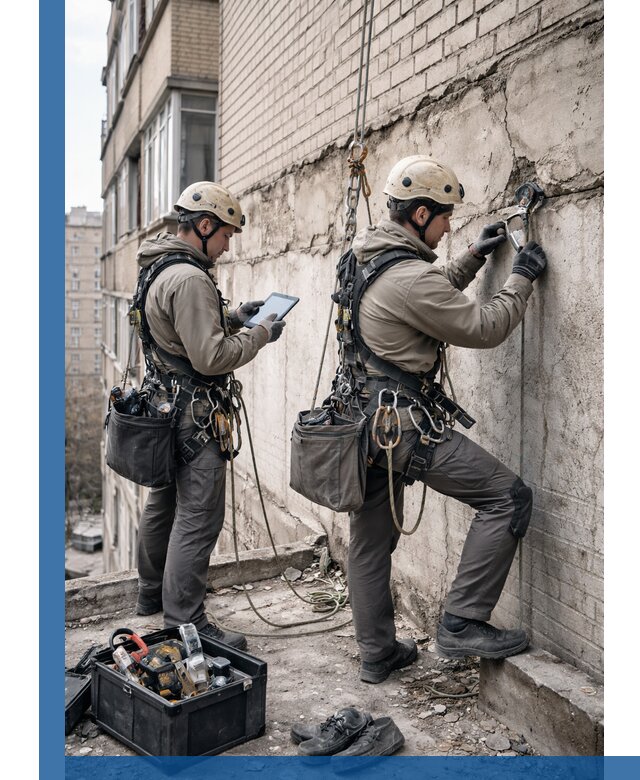 Обследование фасада промышленными альпинистами в Черкесске